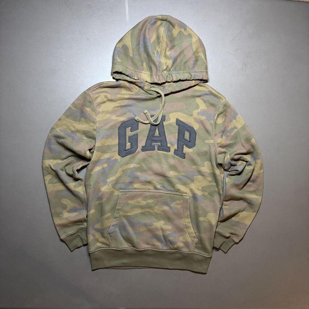 Size XS - Gap Men's Camo Logo Pullover Hoodie Green Camouflage Fleece